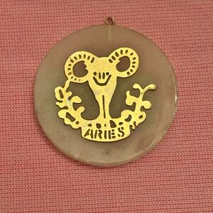 Vintage Alabaster + Gold Aries Large Pendant, 1970s